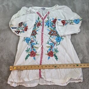 Sunny Oceans Women Top White Cotton Floral Embroidered 3/4 Sleeve Tassels India